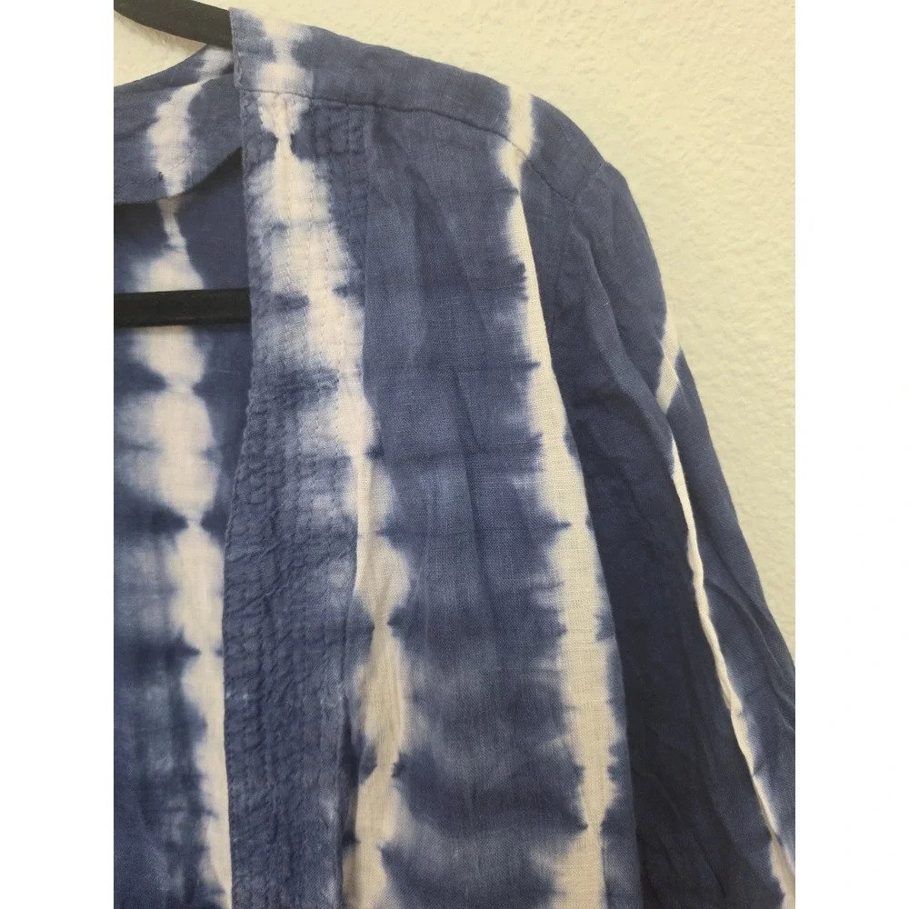 Chico's Open Cardigan Size 1P Boho Tie Dye Blue White Linen 3/4 Sleeve Sweater